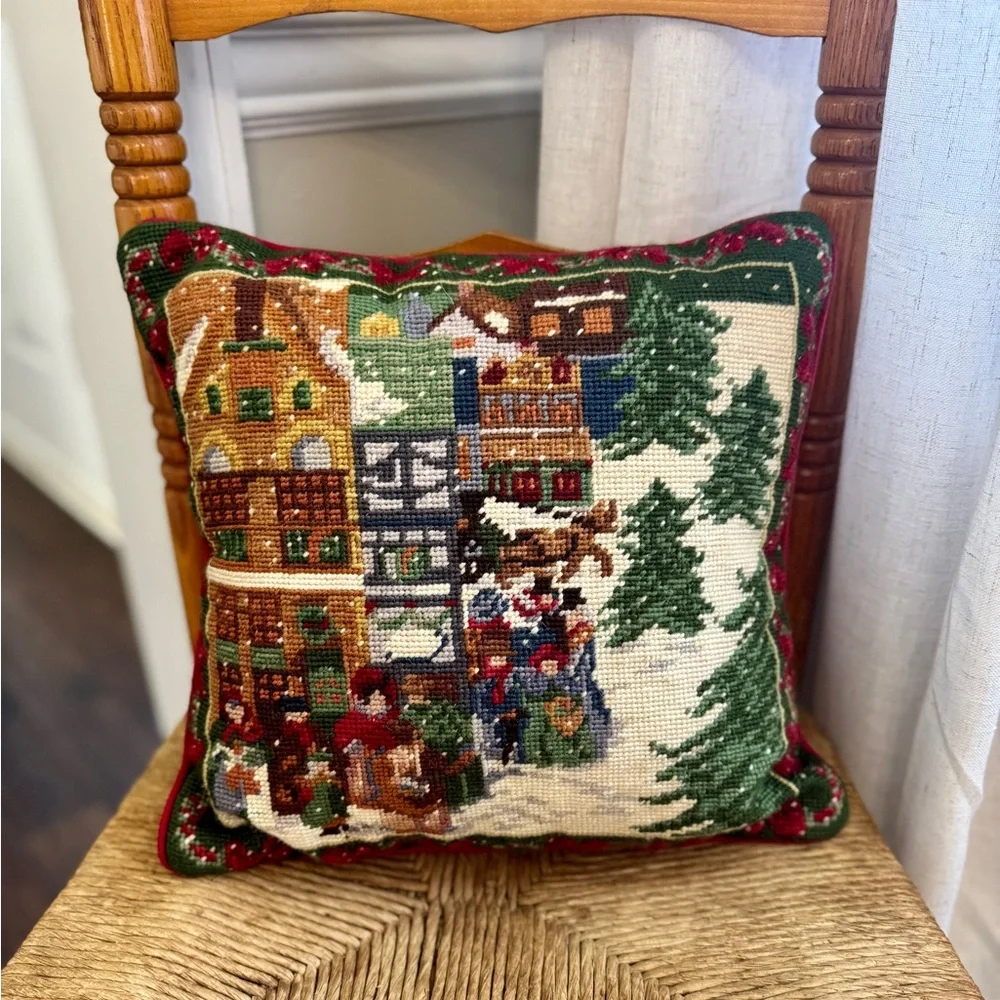 SOLD Vintage Needlepoint Festive Christmas Pillow - Picture 1 of 3